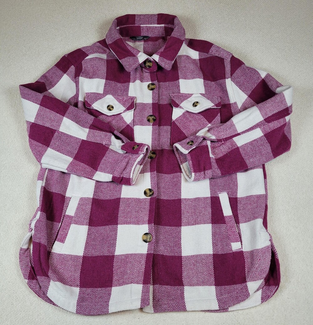 Members Mark Shacket Womens Large Plaid Button Up Shirt Jacket Long Sleeve Pink